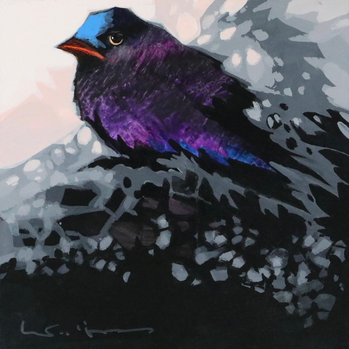 Bird Awake Drawing Blue and Purple Martin - Bird with Pink Light #8170 – Linda Kemp Fine Art