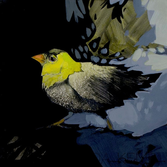 yellow headed goldfinch with a black cap walks from light to dark. original painting by Canadian Artist Linda Kemp