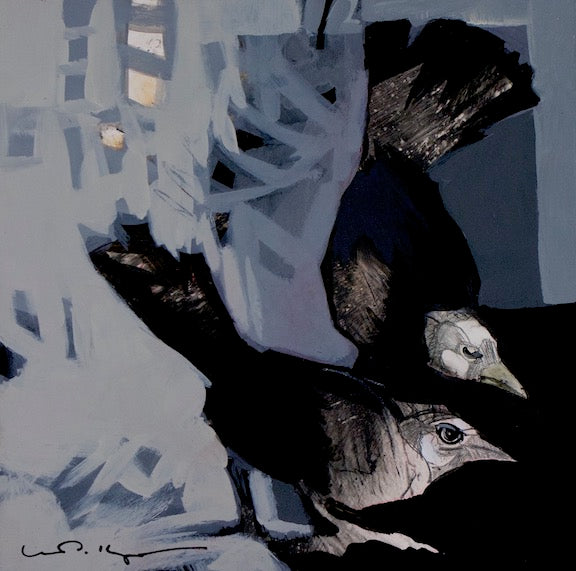 two black and white birds looking into lover right corner. black, white, blue-grey acrylic painting 