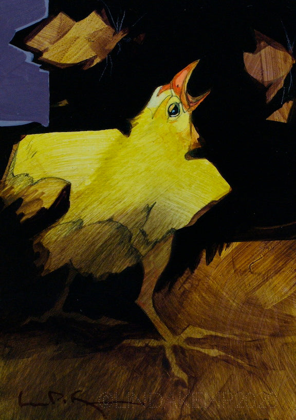 Yellow chick snaps in the air at brown moths. original acrylic painting  by Canadian Artist Linda Kemp